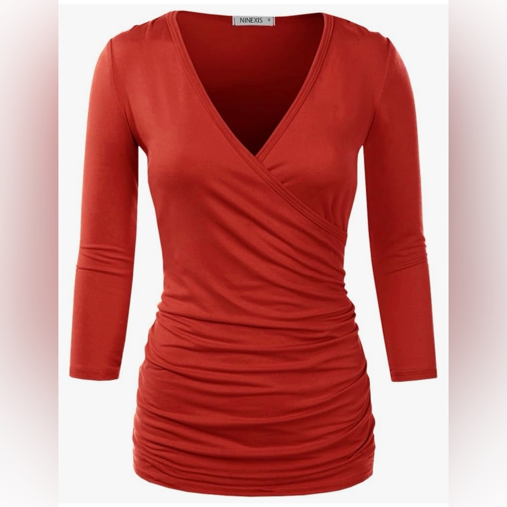 Doublju Size: M Red DOUBLJU 3/4 Sleeve Satin Ruched Hem Tank Tops